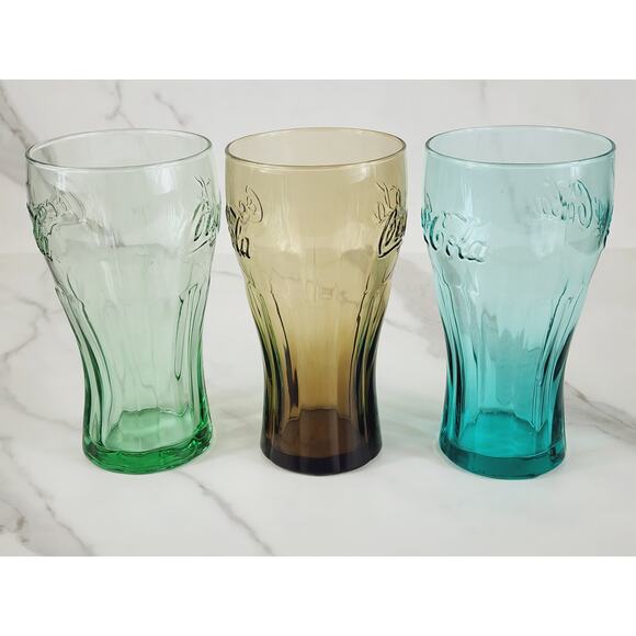 Coca Cola Libbey Drinking Glasses 16oz Embossed 6" Retro Green Blue Brown x3 - Picture 5 of 13